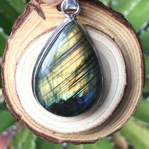 Genuine Labradorite .925 Pear Pendant Golden Flash